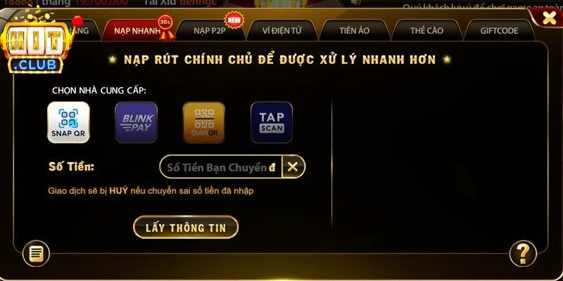 Thanh toán Hitclub nhanh chóng với đa dạng phương thức